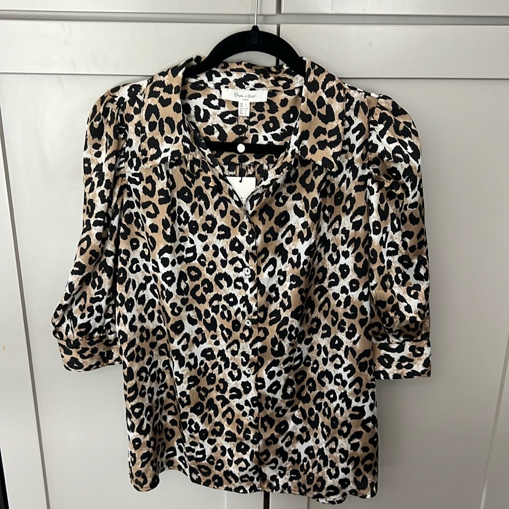 Haver & Blair London Leopard Animal Print Short Sleeve Button Blouse Top Large L